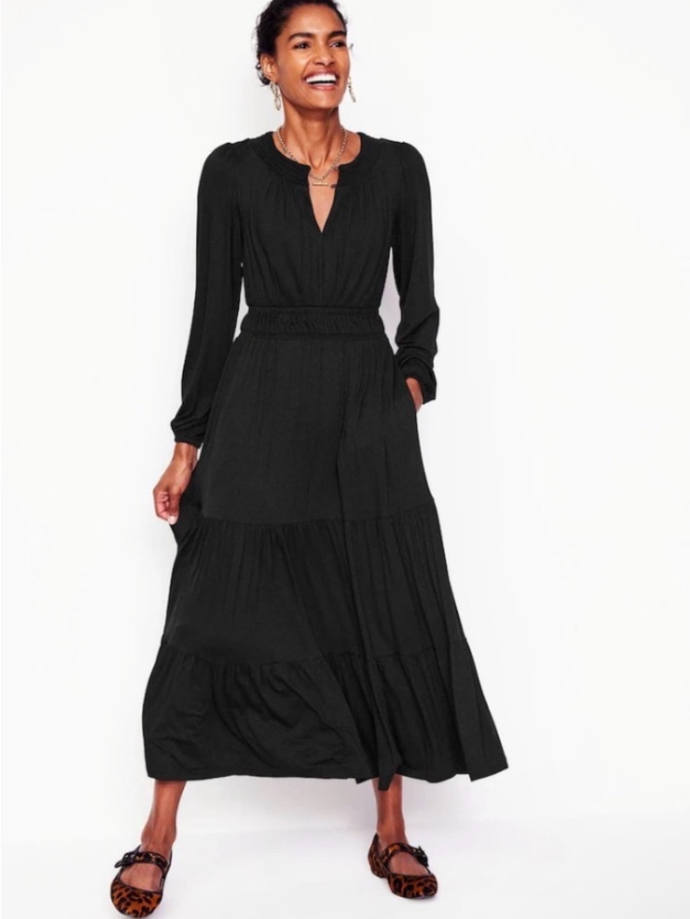 Boden Black Long Sleeve Tiered Maxi Dress Flowy Jersey Knit Size 6